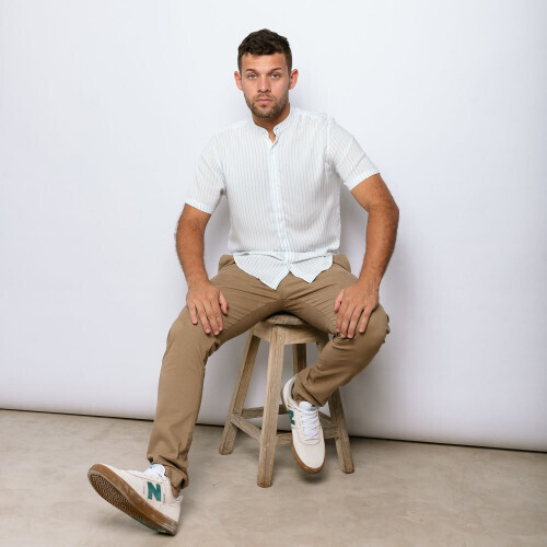 CAMISA LIBERATO BASICS CUELLO MAO BLANCA RAYAS CELESTE