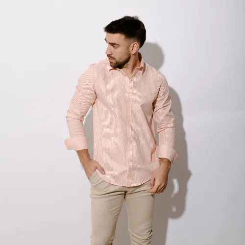 Camisa Liberato Basics Mangas Largas Blanca Rayas Naranjas